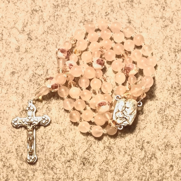Rosary Necklace Beaded Rose Quartz, AB crystals and glass Rose beads. - Picture 2 of 6